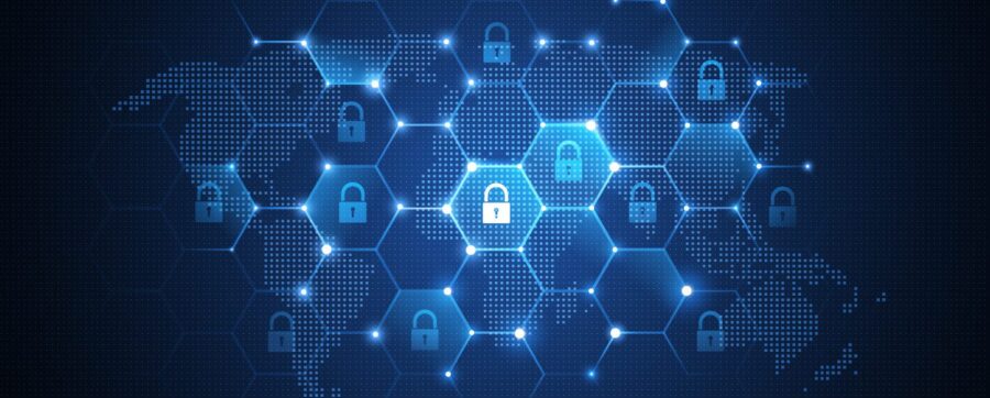A digital world map is overlaid with a network of interconnected hexagons, each containing a padlock icon, symbolizing