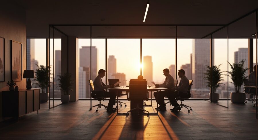 Silhouetted businessmen have a meeting in a modern office with a city view at sunset.