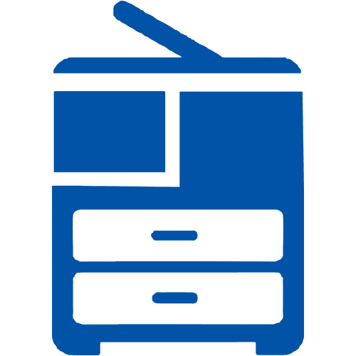 A blue icon depicts a copier with a document feeder on top and two drawers below.