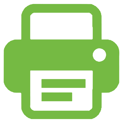 A green printer icon is displayed against a dark green background.