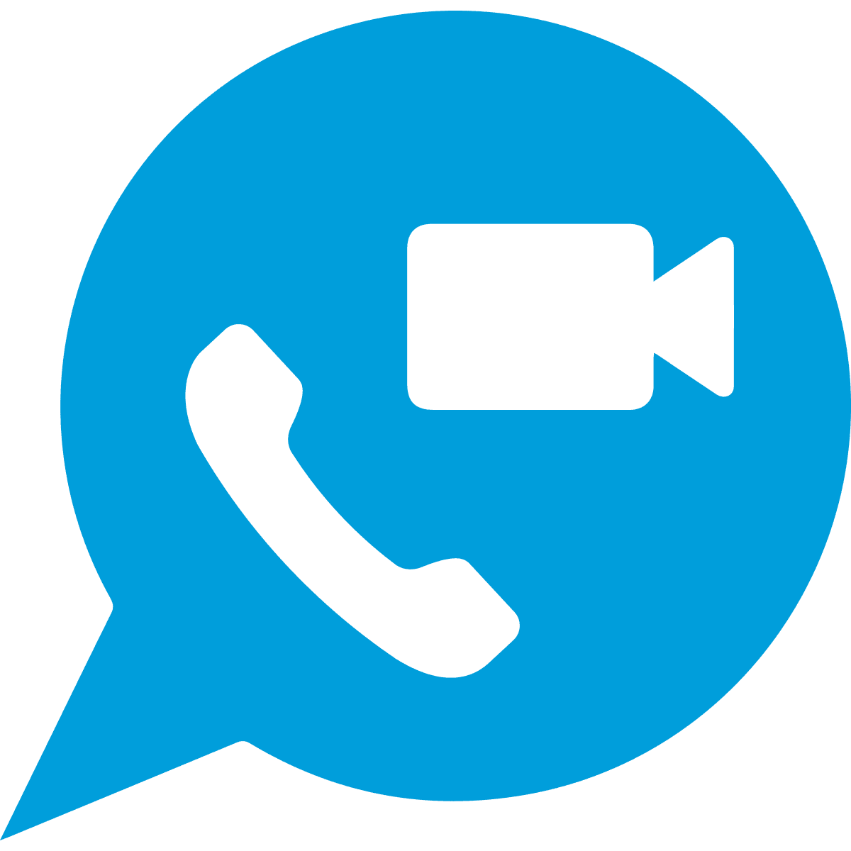 A blue speech bubble contains a silhouette of a telephone receiver and a video camera.