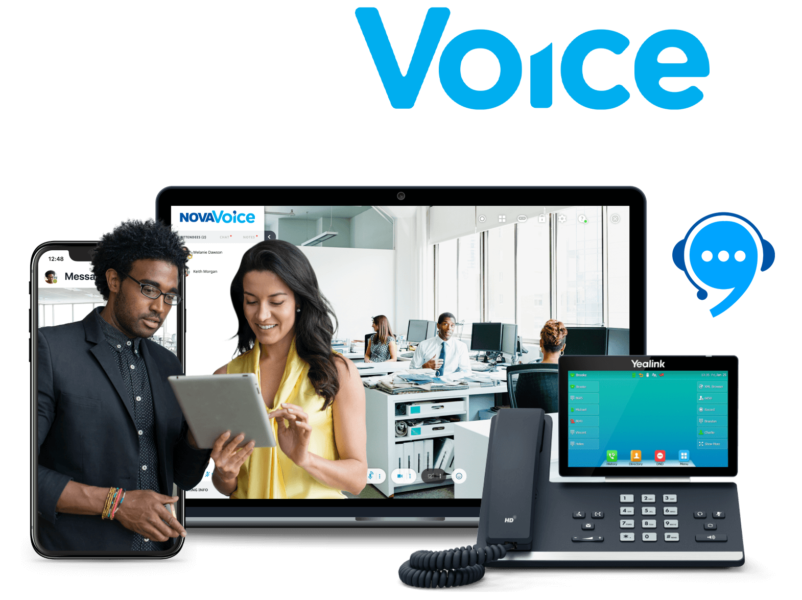 A modern office communication system is showcased with a smartphone, tablet, laptop, and desk phone displaying the