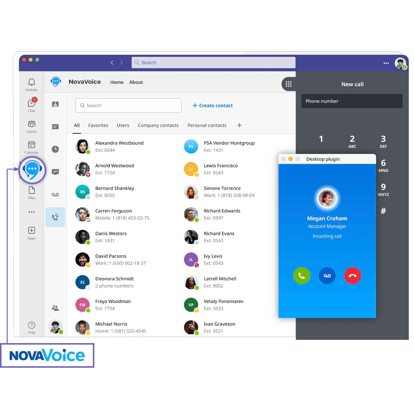 A screenshot of the NovaVoice desktop application displays a contact list and an incoming call notification.