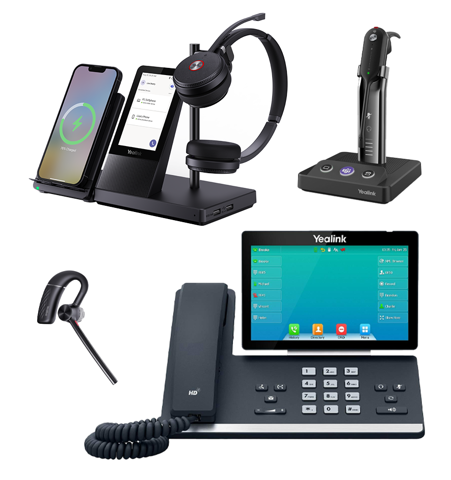 A collection of Yealink communication devices, including a smartphone charging stand with a headset, a wireless headset