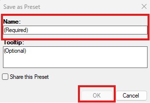 This image shows a "Save as Preset" dialog box where a user is prompted to enter a required name and an optional