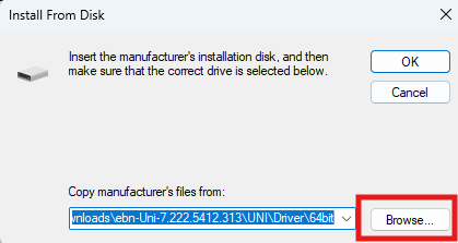 A dialog box titled "Install From Disk" prompts the user to insert a manufacturer's installation disk and select the