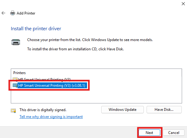 This is a screenshot of a Windows printer driver installation wizard, highlighting the selection of "HP Smart Universal