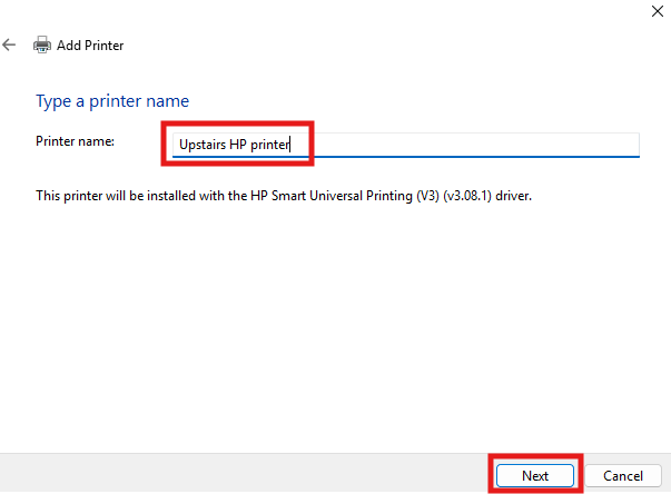 A Windows dialog box prompts the user to name a printer "Upstairs HP printer" before proceeding with the installation