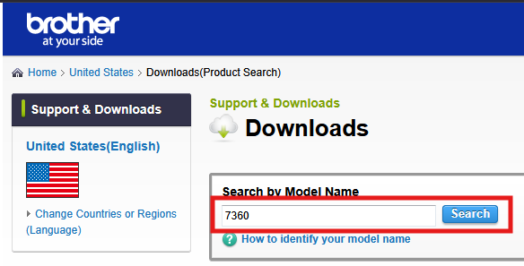 A Brother website displays a search bar for model names, with "7360" entered and a "Search" button ready to be clicked.