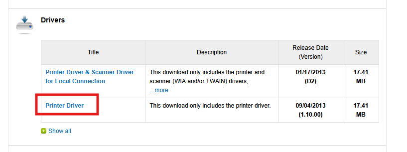 A table lists available printer drivers, with one entry highlighted in a red box.