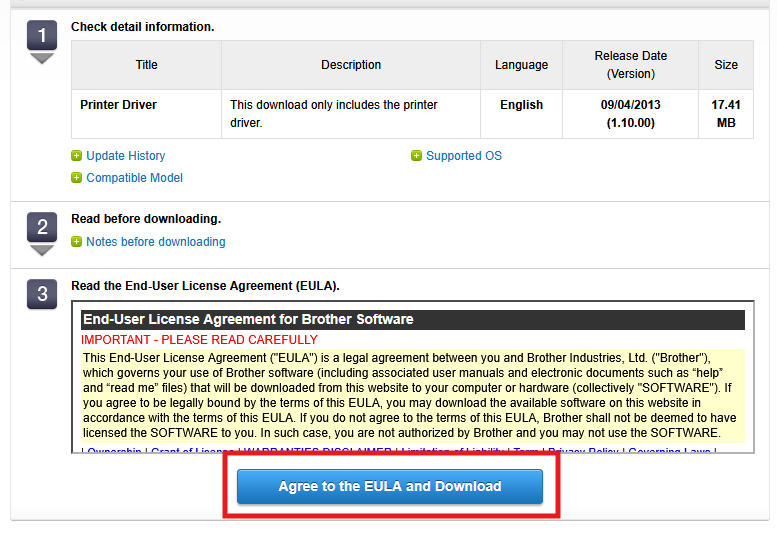A screenshot of a Brother software download page shows the steps to download a printer driver, including checking