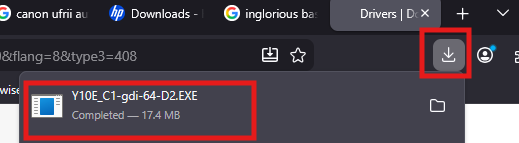A browser window shows a download progress bar for a file named "Y10E_C1-gdi-64-D2.EXE".