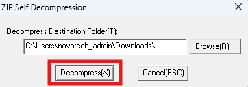 A dialog box titled "ZIP Self Decompression" prompts the user to select a destination folder for decompression.