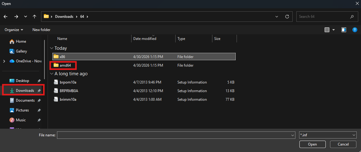 A file explorer window shows a user navigating through a "Downloads" folder, specifically within a "64" subfolder,