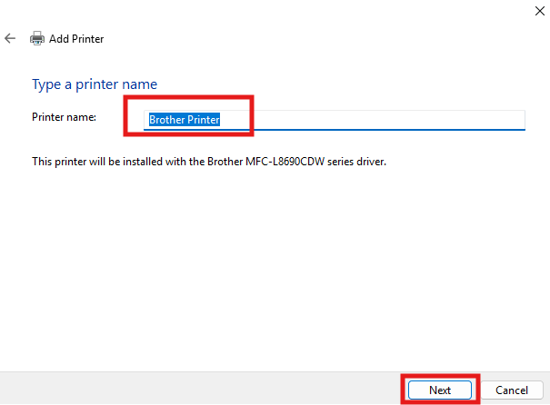 A dialog box titled "Add Printer" prompts the user to type a printer name, with "Brother Printer" pre-filled in the