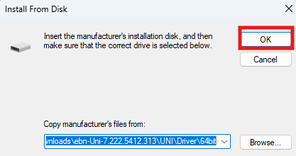 A dialog box titled "Install From Disk" prompts the user to insert a manufacturer's installation disk and select the