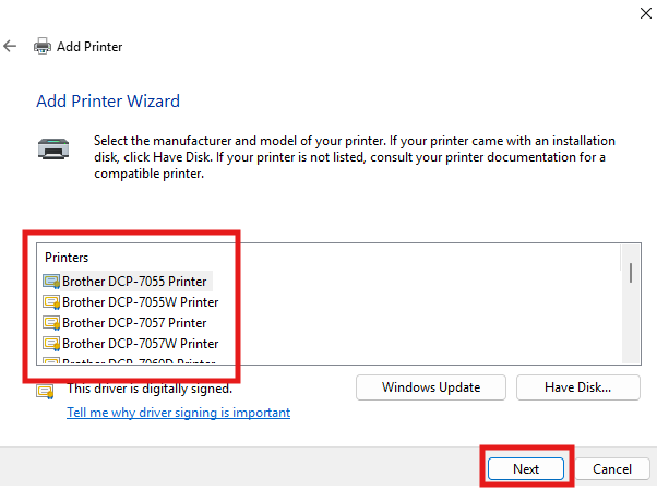 This is a screenshot of the "Add Printer Wizard" in Windows, where a user is presented with a list of available printer