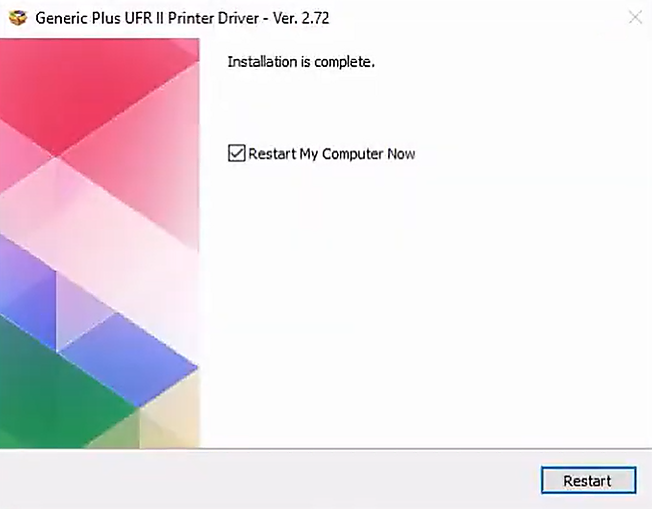 A dialog box indicates that the "Generic Plus UFR II Printer Driver - Ver. 2.72" installation is complete and offers