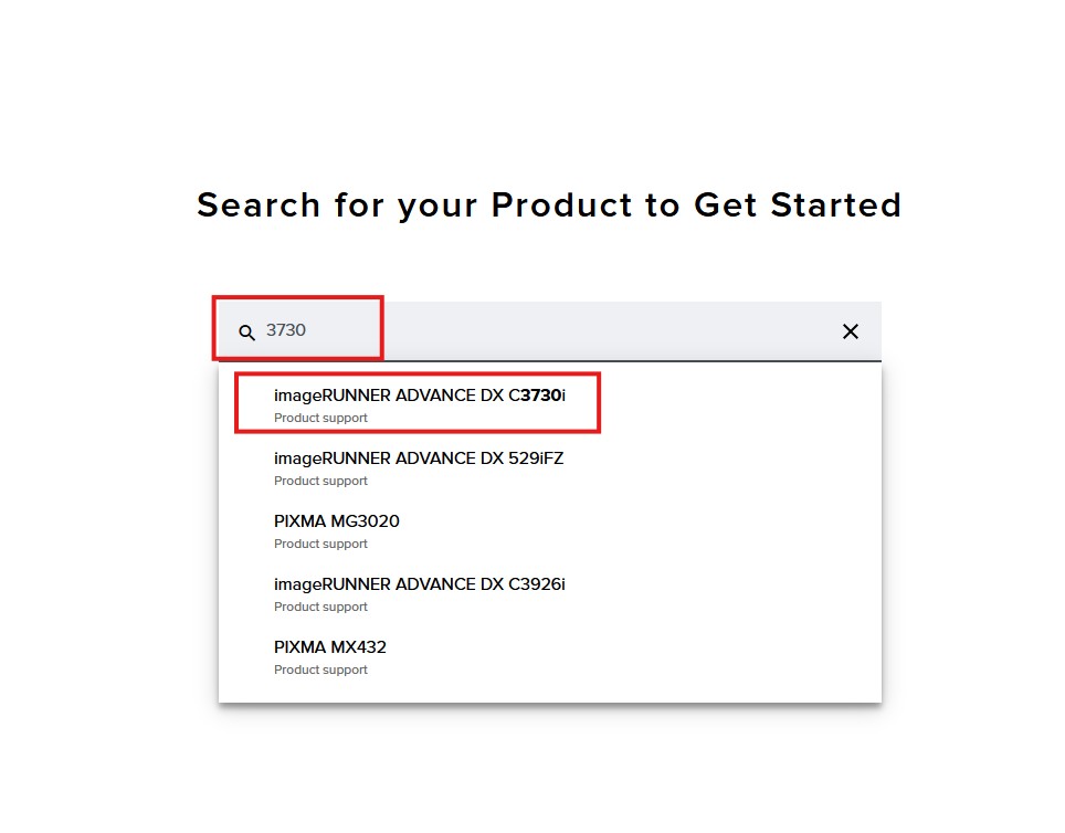 A search bar displays "3730" and a dropdown list of product suggestions, with "imageRUNNER ADVANCE DX C3730i"