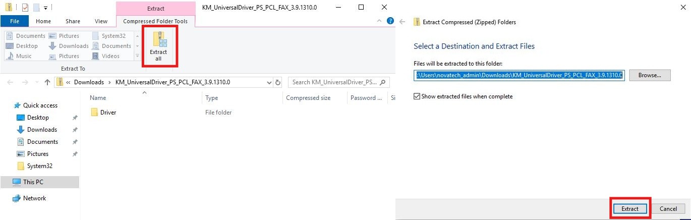 A screenshot shows a Windows dialog box for extracting compressed files, with the "Extract all" button highlighted.