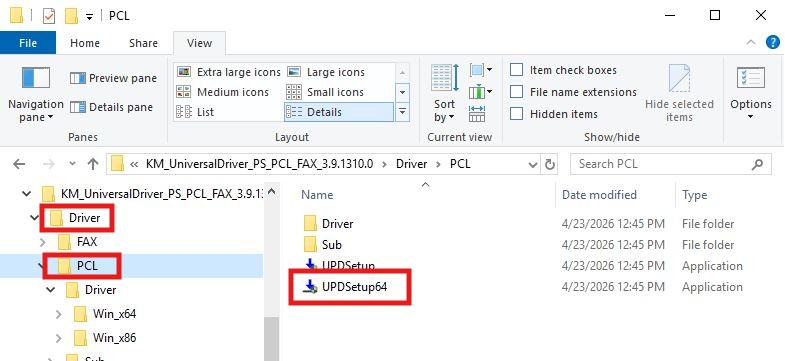 A screenshot shows a Windows File Explorer window displaying the contents of a driver folder, with the PCL subfolder