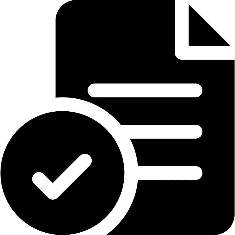 A black document icon with a green checkmark inside a circle indicates a completed task or approved document.