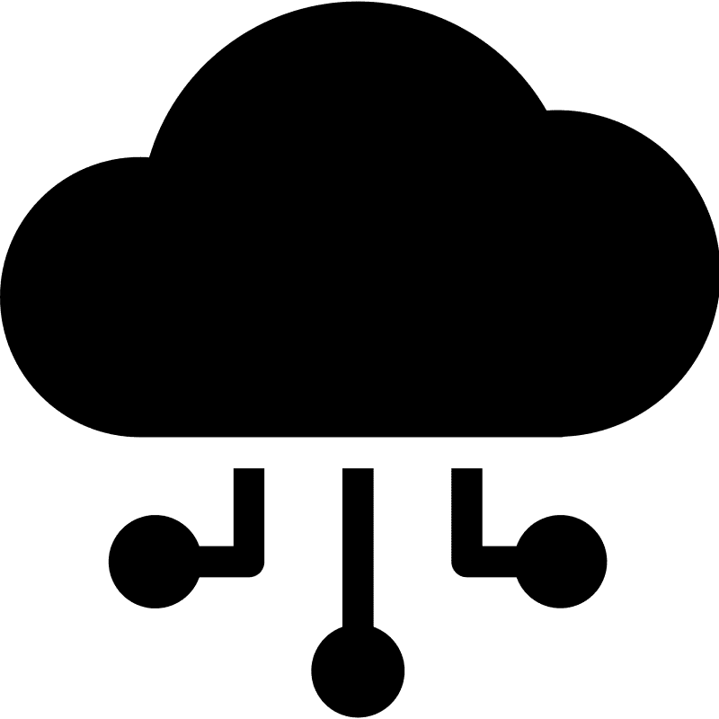 A black cloud icon with circuit board connections symbolizes cloud computing.