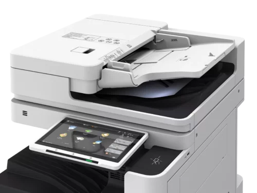 A white multifunction printer with a touchscreen display and an automatic document feeder is shown from a slightly