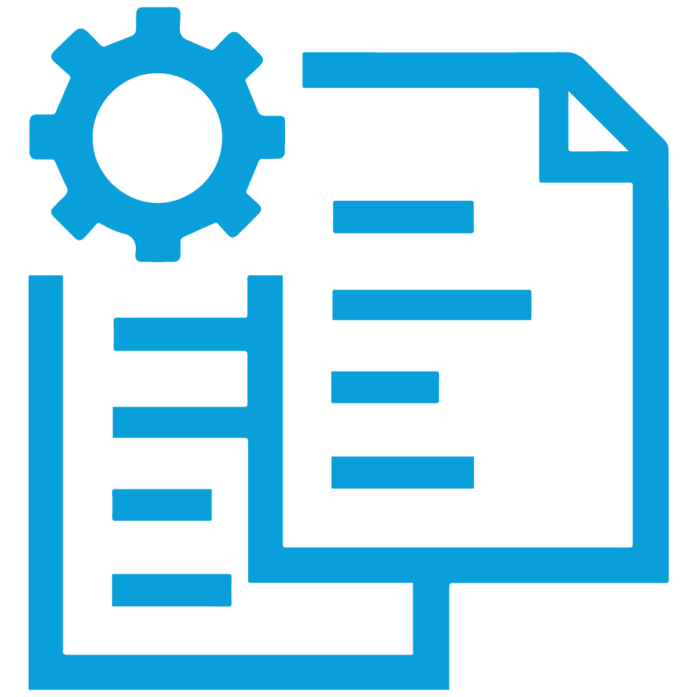 A blue icon depicts a gear next to a document with lines of text.