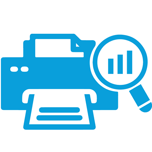 A blue icon depicts a printer with a magnifying glass over a bar graph, symbolizing print analytics.