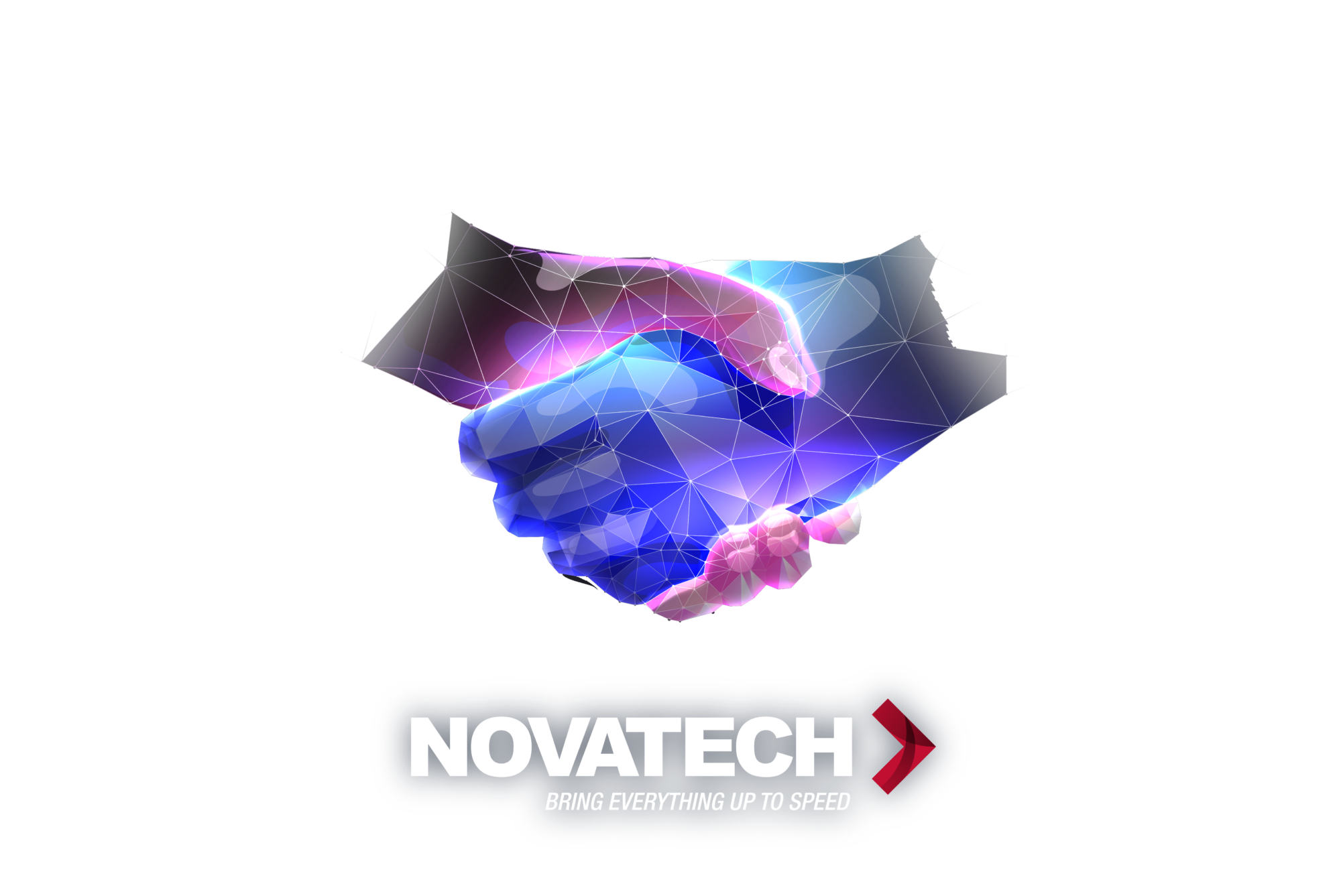 A stylized, glowing polygonal handshake, symbolizing digital connection or partnership, is prominently displayed above