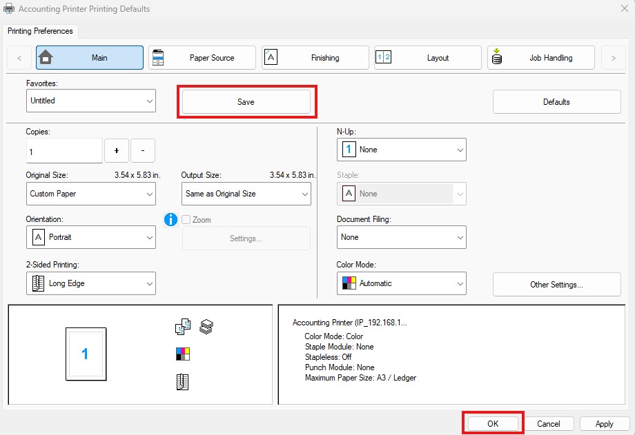 This is a screenshot of the "Printing Preferences" dialog box for an accounting printer, showing various settings like
