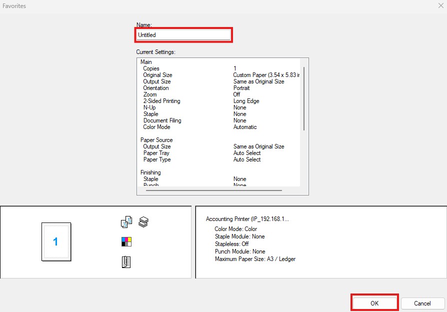 This is a screenshot of a printer settings dialog box where a user can configure various printing options and save them