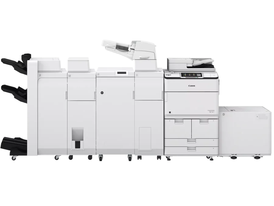 A large, white, modular Canon multifunction printer is shown against a white background.