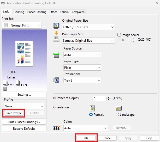 A printer settings dialog box