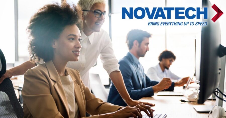 A diverse group of professionals collaborate in a modern office setting, with the Novatech logo prominently displayed.