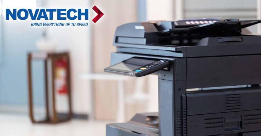 A black multifunction printer with the 