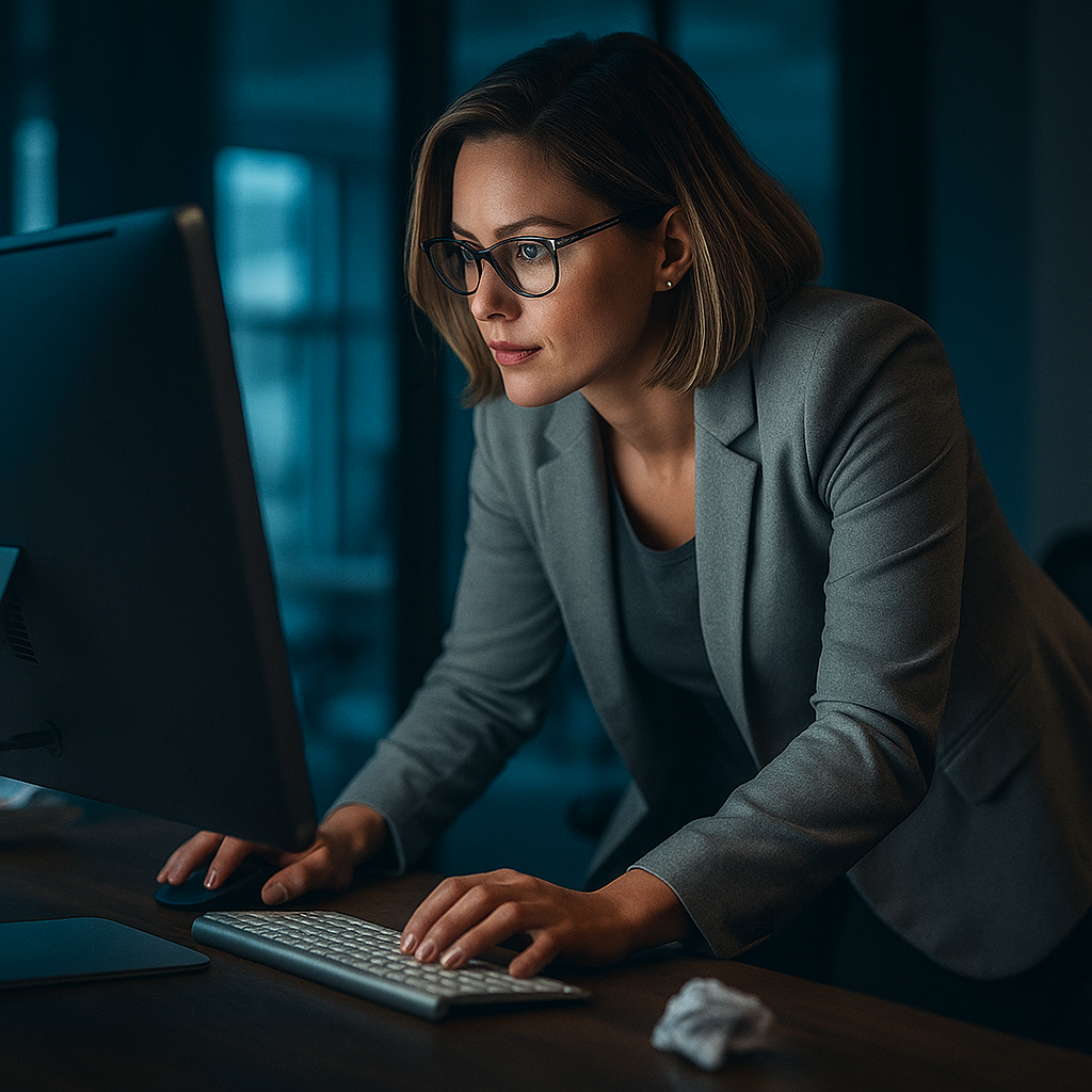 A focused businesswoman in a grey blazer works late at her computer in a dimly lit office.
