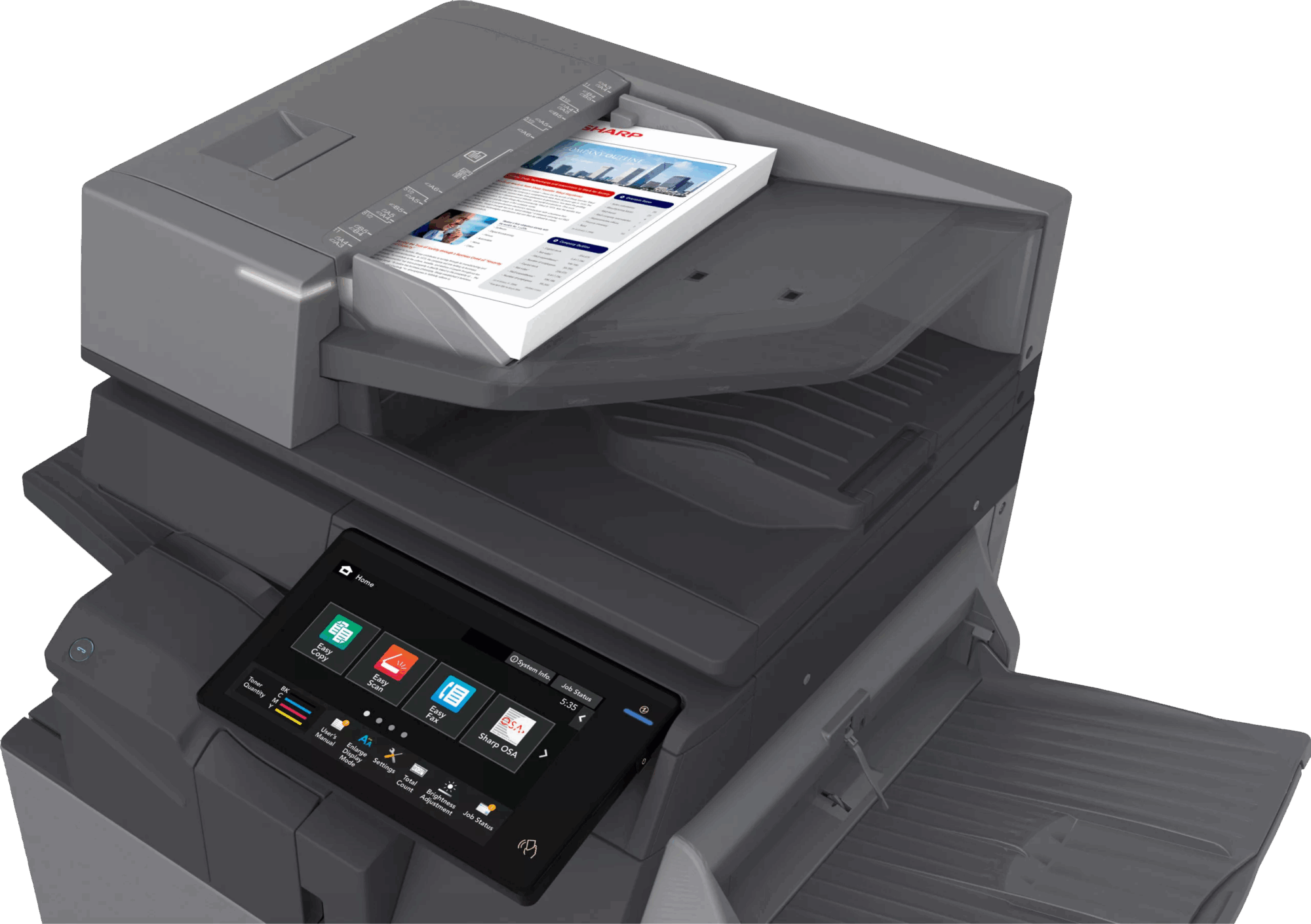 A Sharp multifunction printer/copier is prominently displayed with a document loaded in its automatic feeder and its