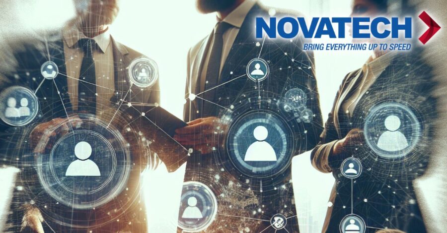 Three business professionals are depicted in a digital network overlay, with the 