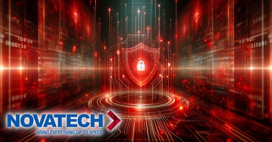 A digital shield with a padlock symbolizes cybersecurity amidst a futuristic, red-toned data stream, with the Novatech