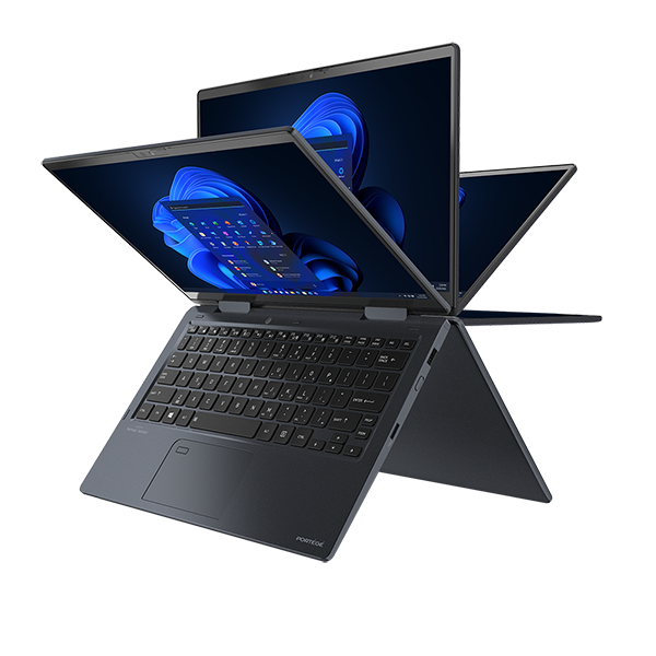 A dark gray convertible laptop is shown in a dynamic, open configuration, displaying its keyboard, touchpad, and