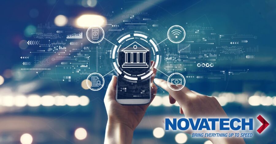 A smartphone displays a digital banking interface with icons representing financial services, set against a blurred