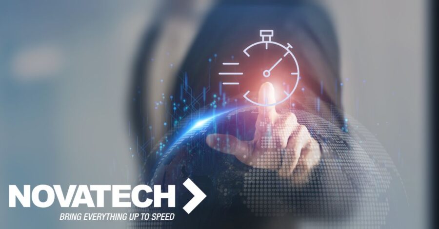 A person's hand touches a digital representation of the Earth, overlaid with a stopwatch icon and the 