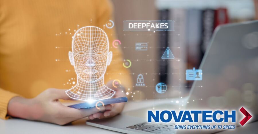 A person holding a smartphone displays a wireframe of a human face with digital overlays indicating 