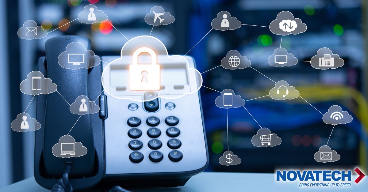 A desk phone is depicted with a cloud icon containing a padlock, symbolizing secure cloud-based communication services,