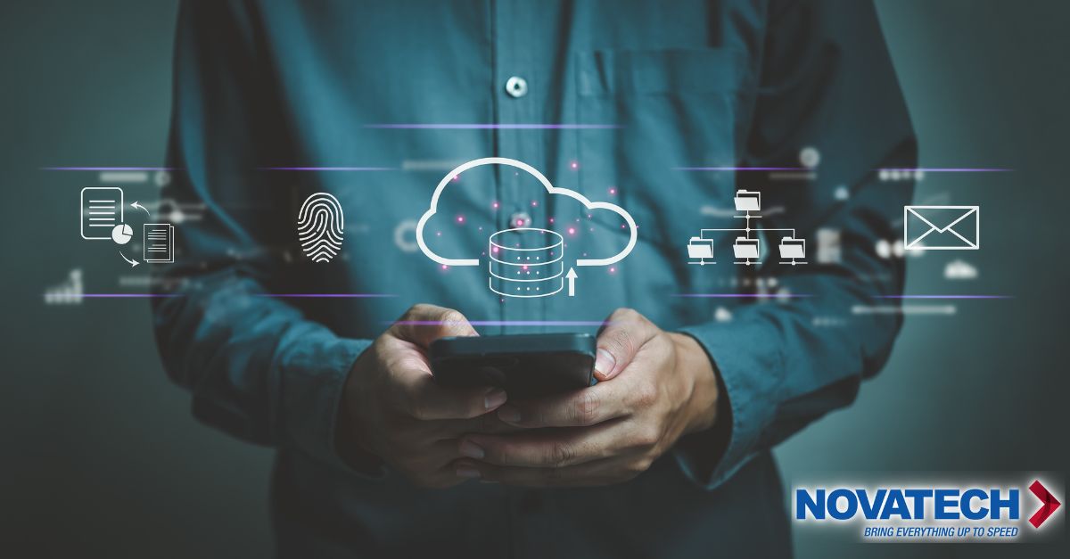 A person holds a smartphone with a digital interface overlay depicting cloud storage, data, and security icons.