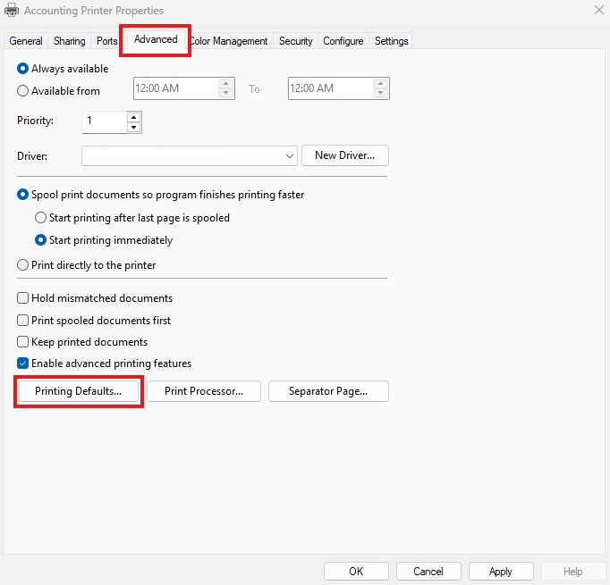 This image shows the "Advanced" tab of the Accounting Printer Properties window, where users can configure printing
