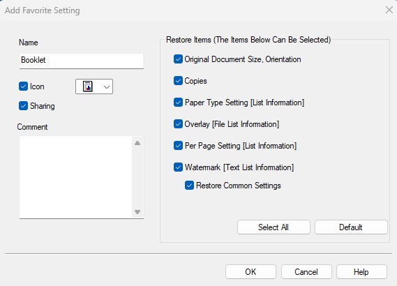 A dialog box titled "Add Favorite Setting" allows users to name a setting, choose an icon, and select various restore