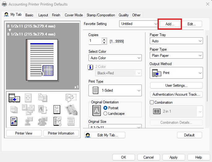 A printer settings dialog